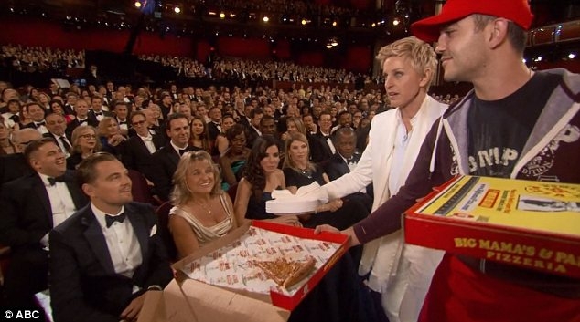 
	
	Một phút ngẫu hứng, Ellen đã mời mọi người ăn pizza. Tuy có một thoáng ngạc nhiên nhưng rồi mọi người rất hứng thú với chiếc pizza của Ellen.